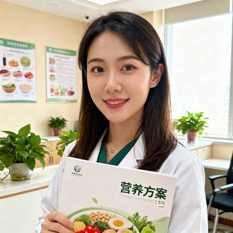 首席营养师王思琪的半身照，年轻女性手持营养方案手册，背景为明亮的营养咨询室